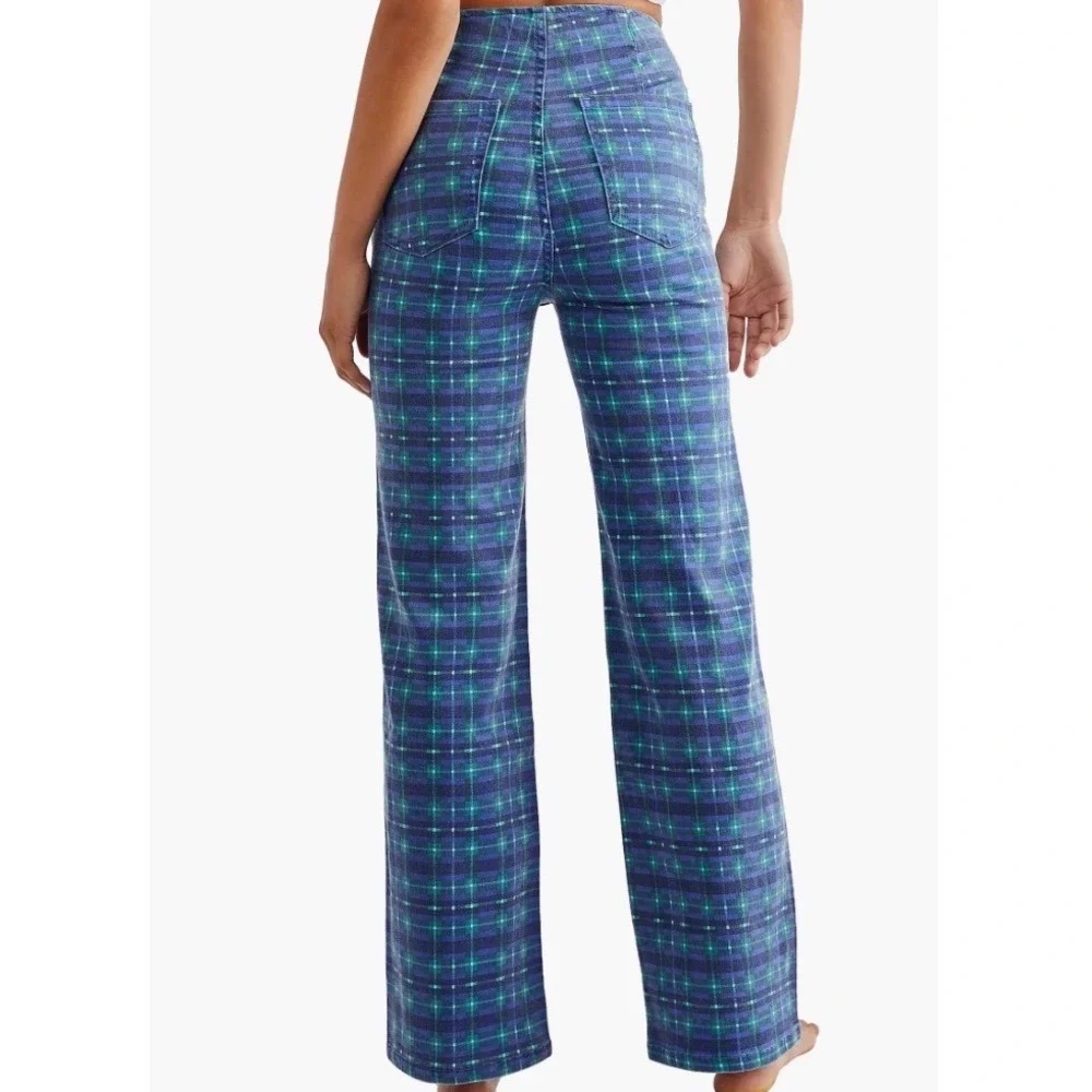 Free People Isla Print Straight Leg Jeans Retro Plaid Blue Green Size 29 Stretch